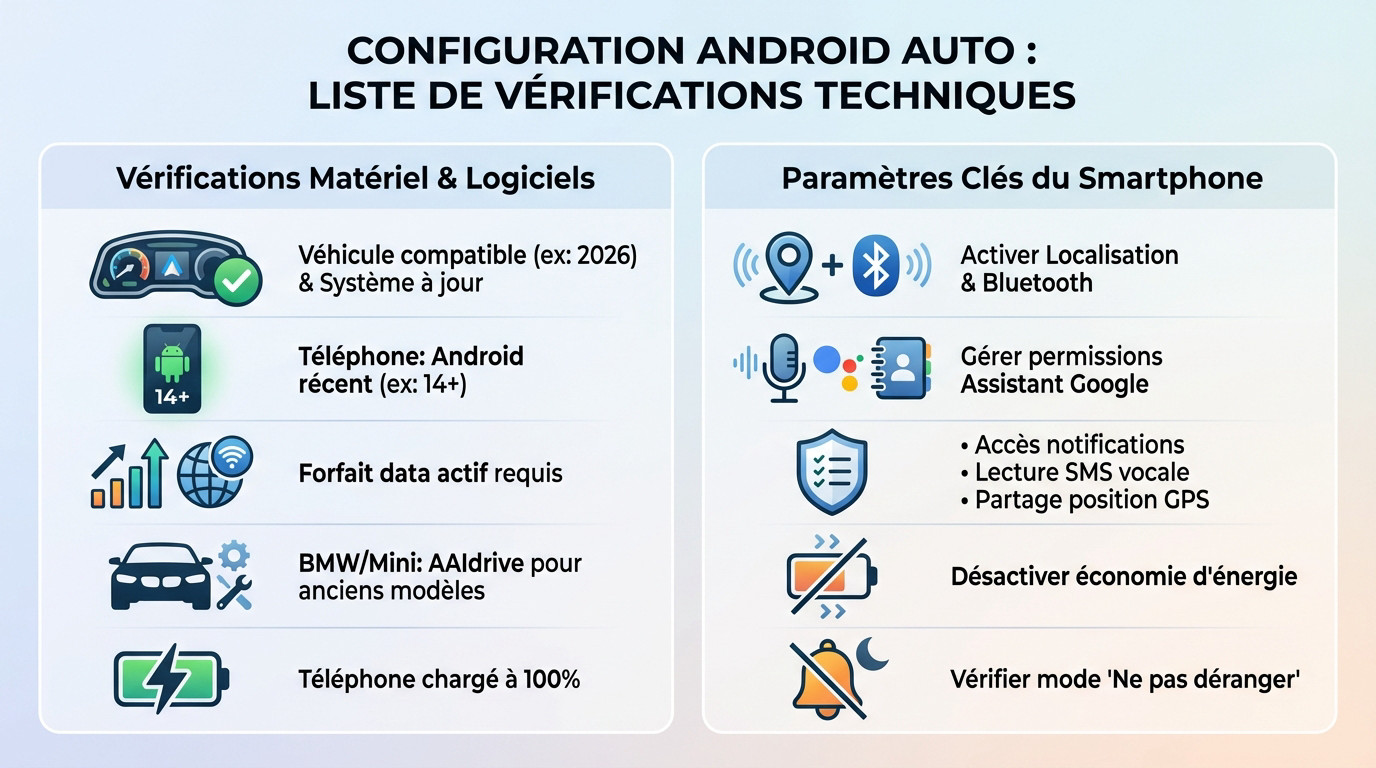 Liste de vérifications techniques pour connecter Android Auto sur le tableau de bord