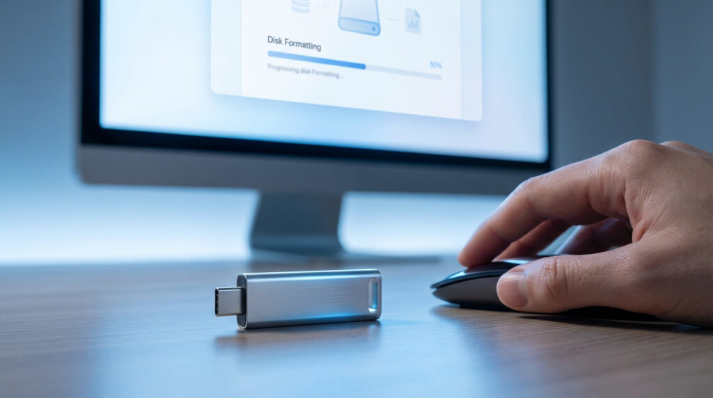 Clé USB formatée en FAT32 connectée à un ordinateur pour compatibilité maximale
