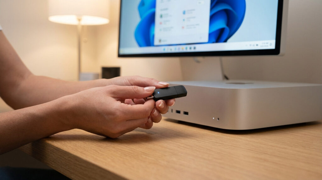 Ordinateur fixe connecté au Wi-Fi avec adaptateur USB et icône réseau visible