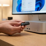 Ordinateur fixe connecté au Wi-Fi avec adaptateur USB et icône réseau visible