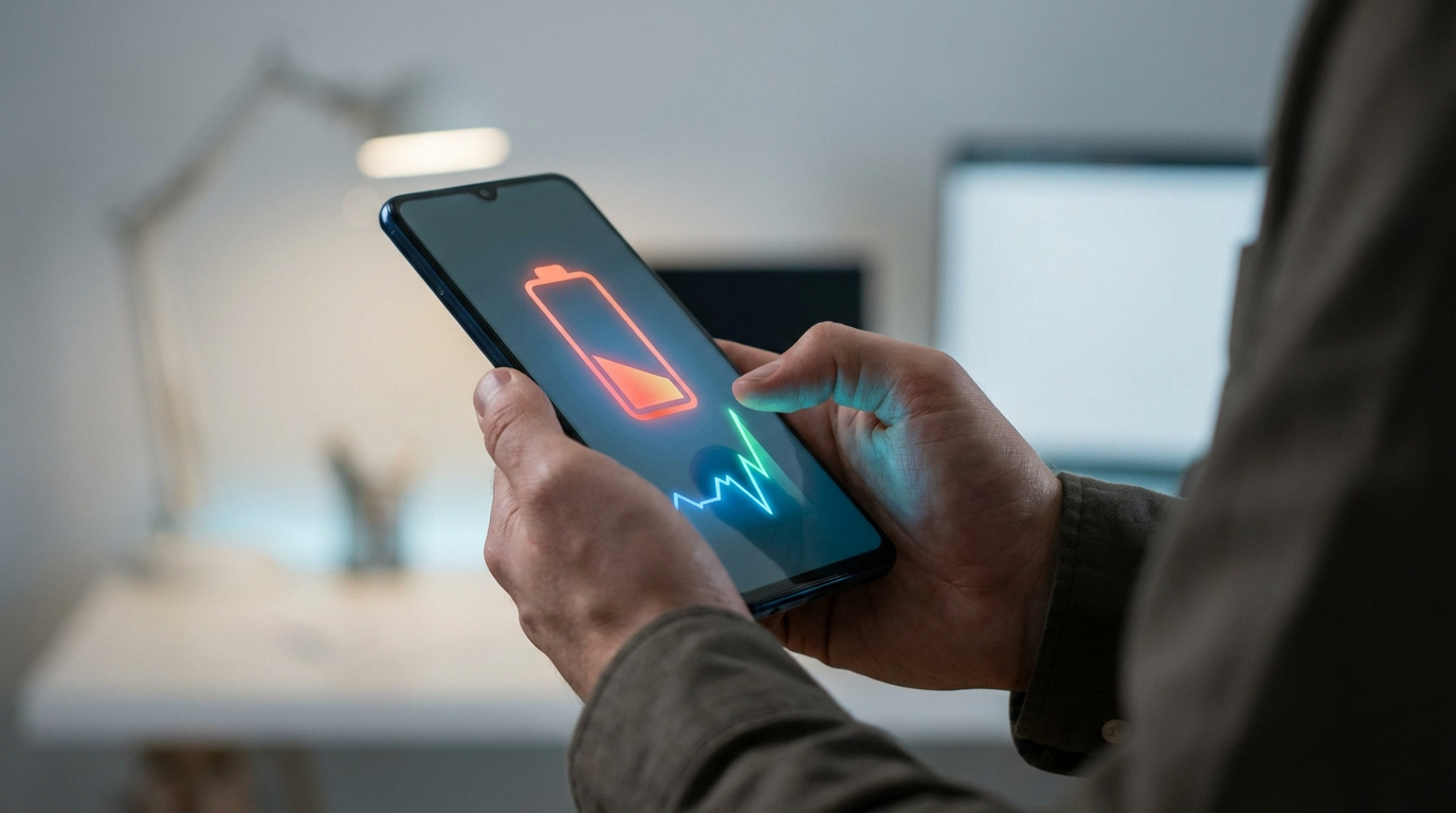 Smartphone overheating with battery drain indicating potential spyware on Android