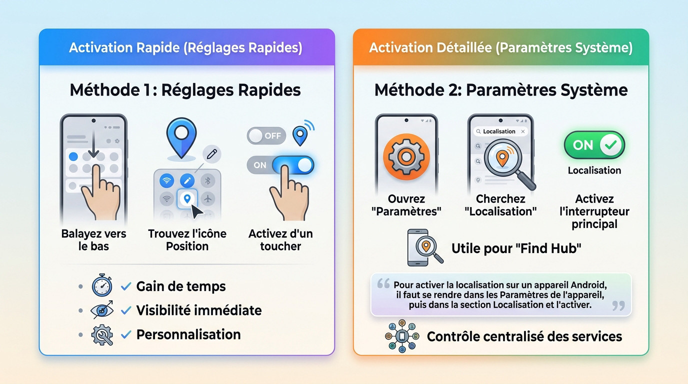 Activation de la localisation sur smartphone Android via les réglages rapides et paramètres