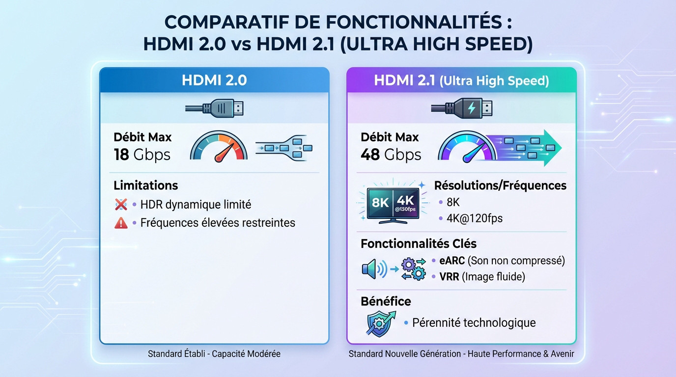 Comparatif technique des débits entre câble HDMI 2.0 et 2.1 Ultra High Speed