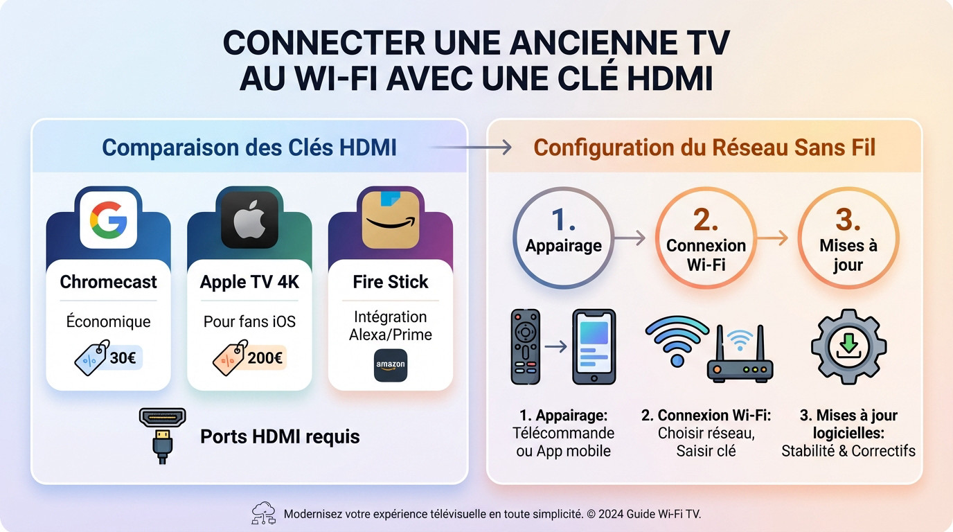 Dongle HDMI branché au port d'une télévision pour la connecter au réseau Wi-Fi