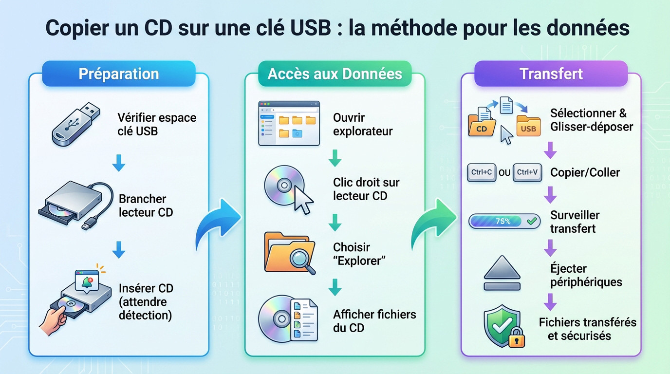 Interface Windows montrant le transfert de fichiers d'un CD vers une clé USB