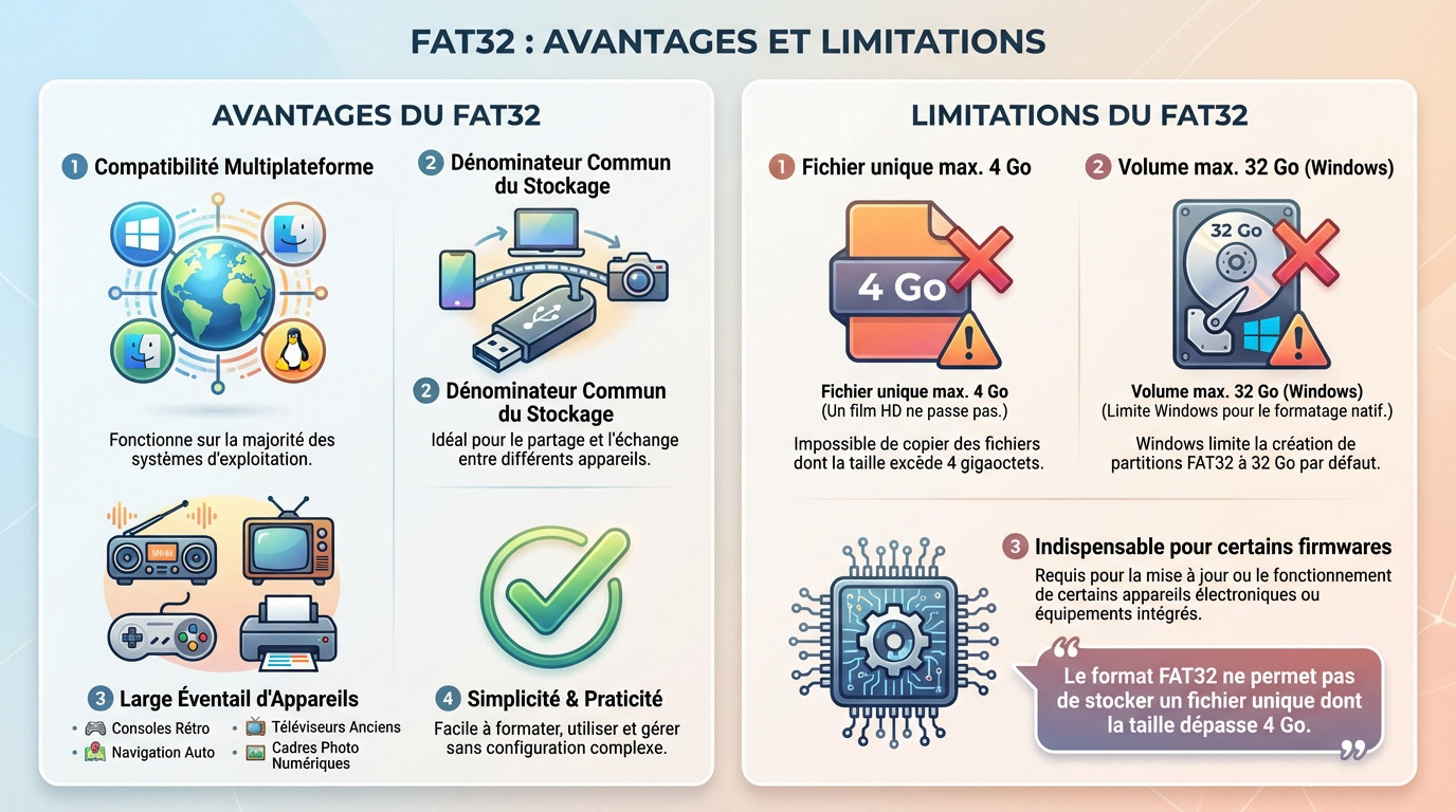 Comparatif technique des limitations et avantages du format FAT32 pour le stockage USB
