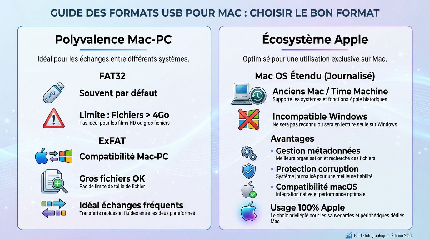 Tableau comparatif des formats de fichiers pour clé USB sur Mac : ExFAT, FAT32, APFS et Mac OS étendu