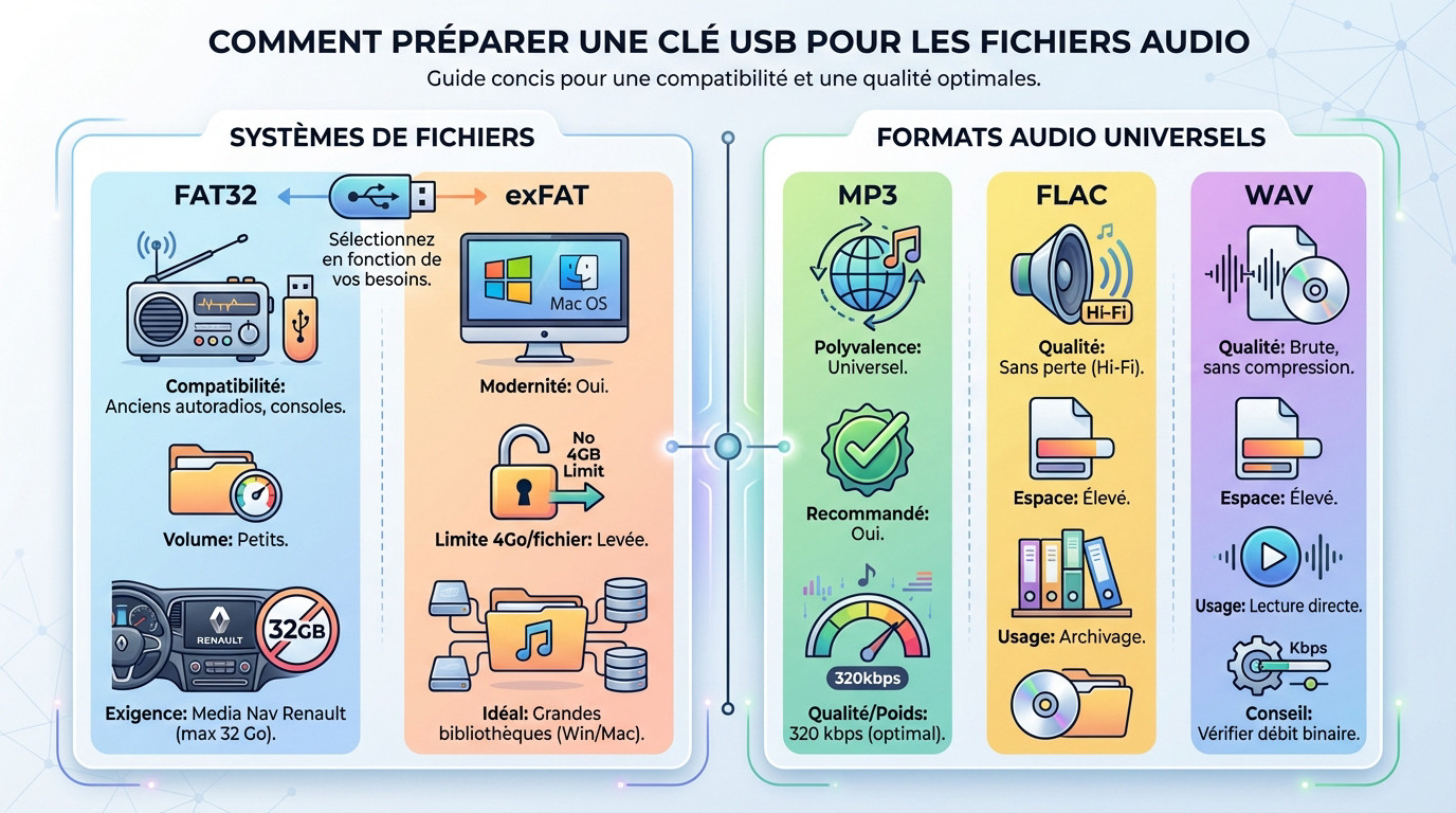 Tableau comparatif des formats de fichiers audio et systèmes pour clé USB