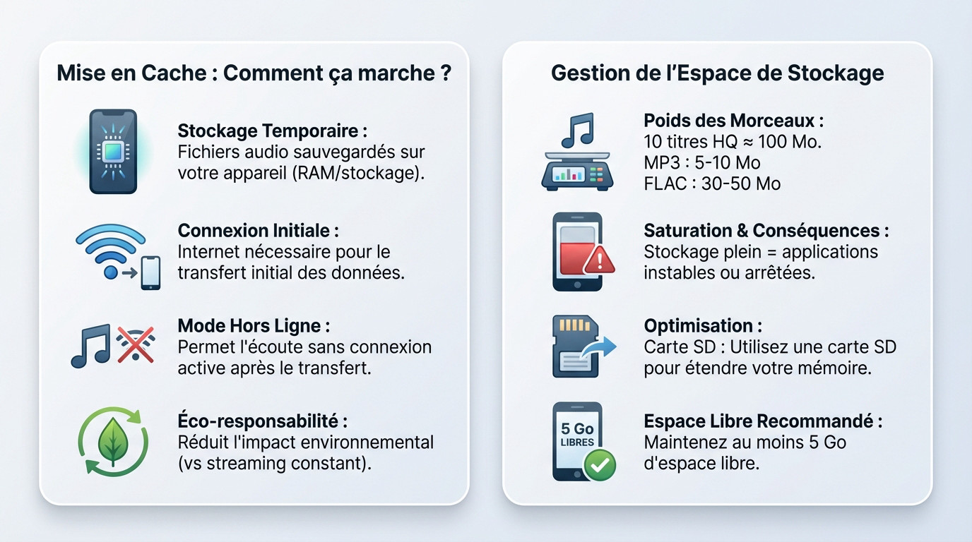 Illustration de la mise en cache des fichiers audio et gestion du stockage sur smartphone