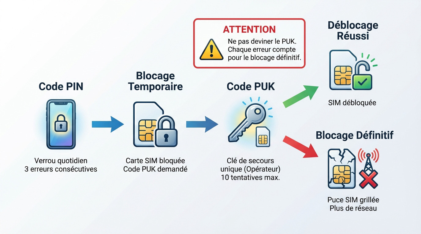 Schéma technique expliquant le processus de déblocage d'une carte SIM via les codes PIN et PUK