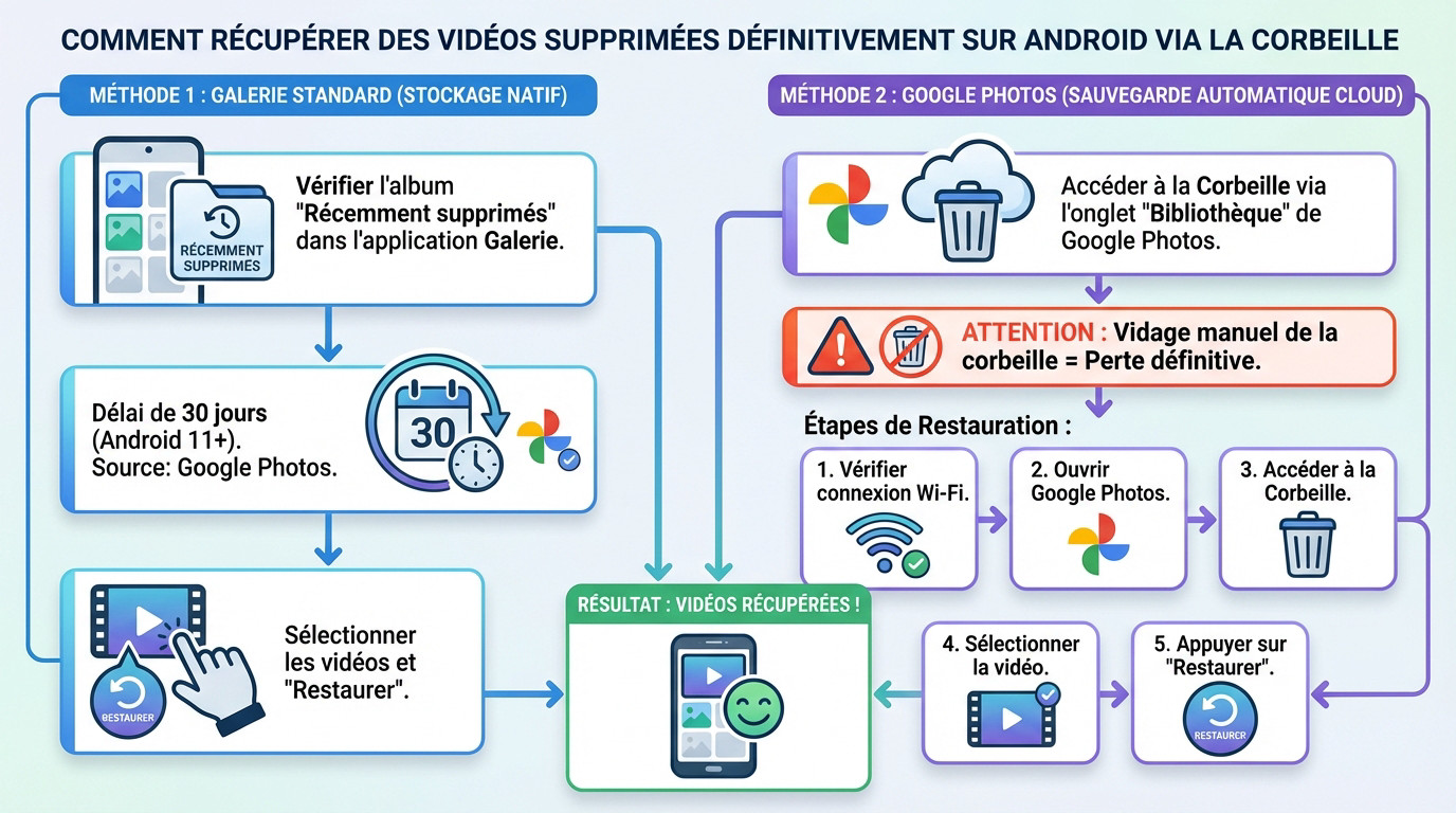 Interface de récupération de vidéos supprimées sur Android via la galerie et Google Photos