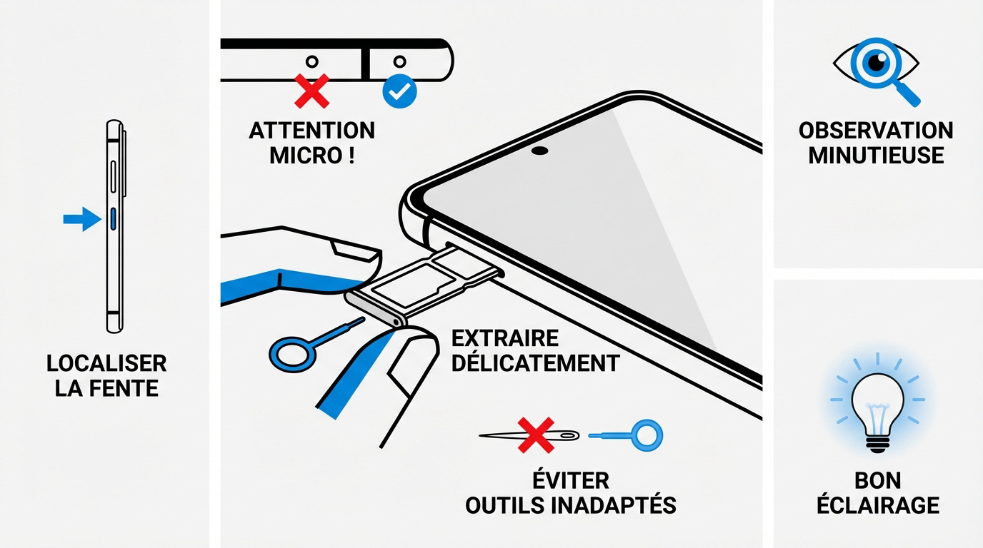 Illustration technique montrant l'insertion d'une carte SIM dans un smartphone Samsung