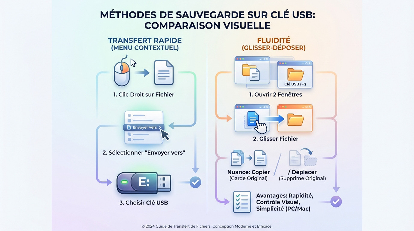 Schéma comparatif entre le menu contextuel et le glisser-déposer pour copier des fichiers sur clé USB