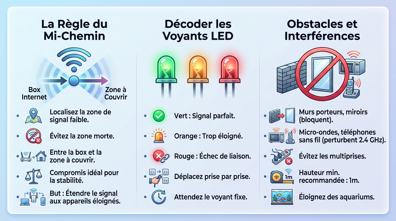 Schéma de placement optimal d'un répéteur Wi-Fi entre la box et la zone morte pour maximiser le signal