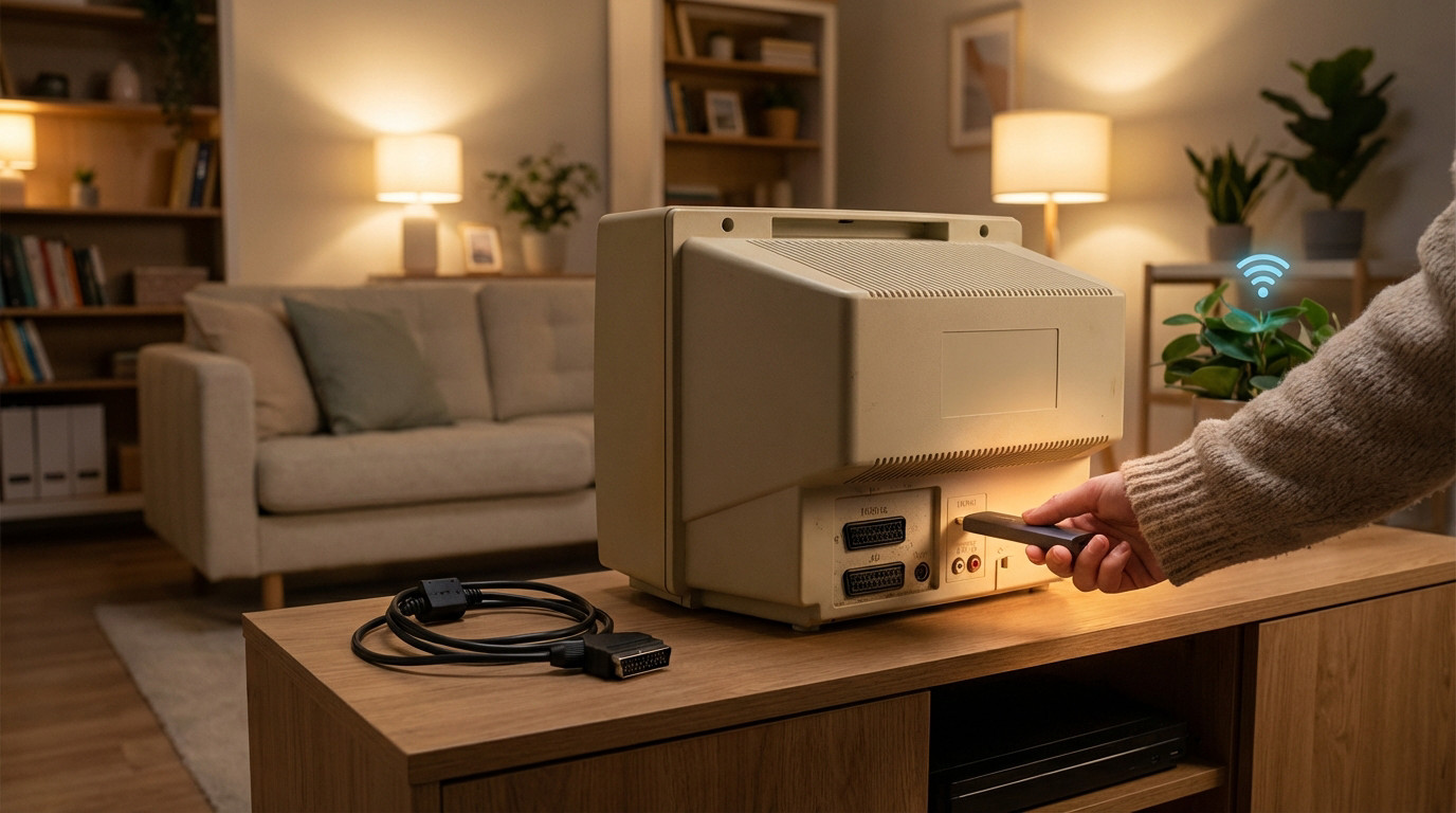 Clé HDMI Chromecast connectée à une ancienne TV pour streaming Wi-Fi