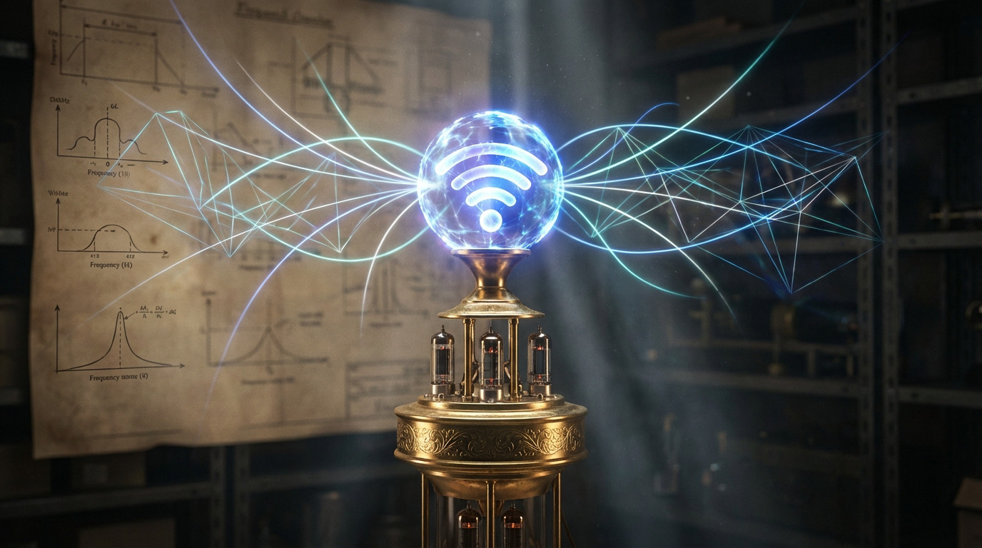 Hedy Lamarr and George Antheil discussing frequency hopping technology for Wi-Fi