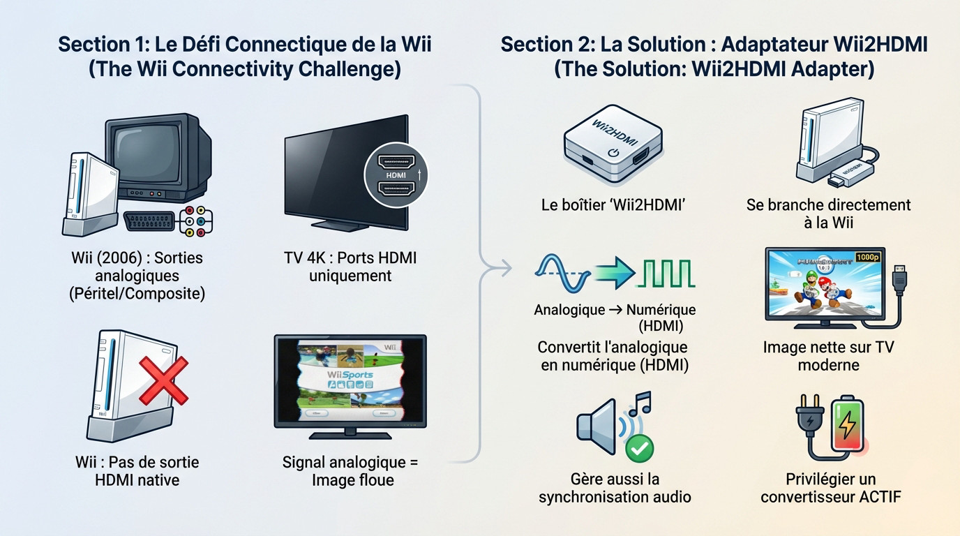 Adaptateur Wii vers HDMI connecté à l'arrière d'une console Nintendo pour affichage HD
