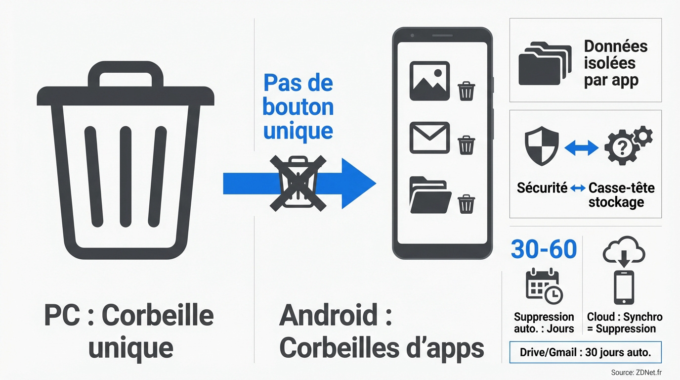Comparaison visuelle entre la corbeille unique sur PC et le système décentralisé sur Android