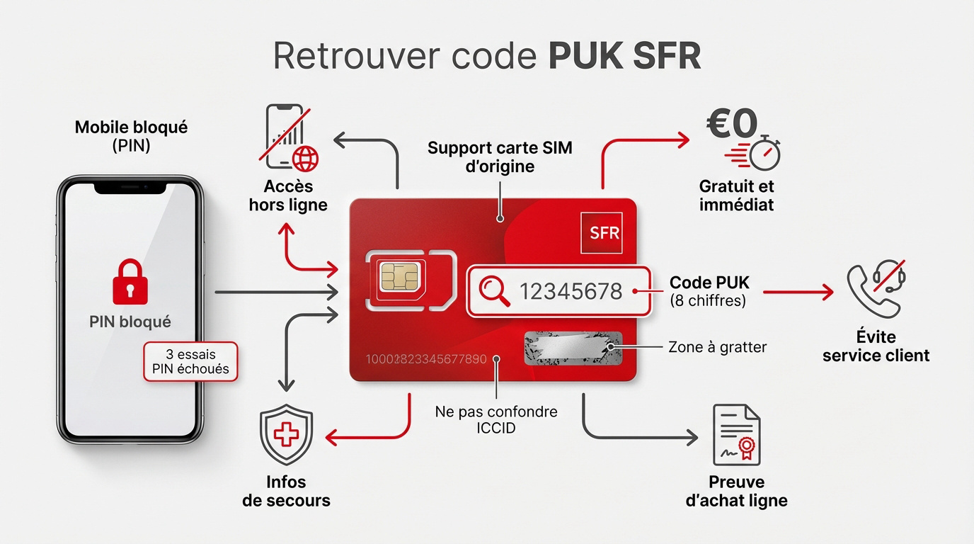 Support plastique de carte SIM SFR contenant le code PUK à 8 chiffres