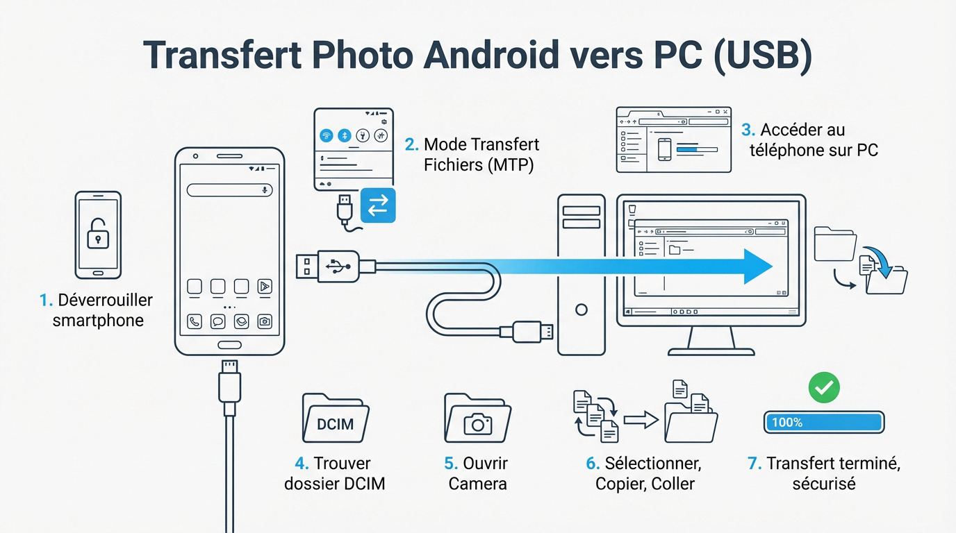 Branchement d'un smartphone Android à un PC par câble USB pour transfert de photos