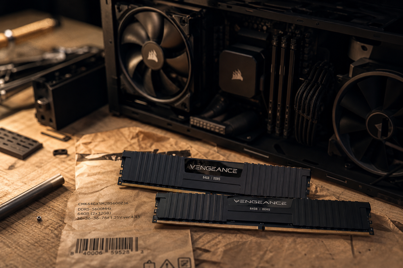 64 go ram DDR : barrettes et boîtier PC ouvert