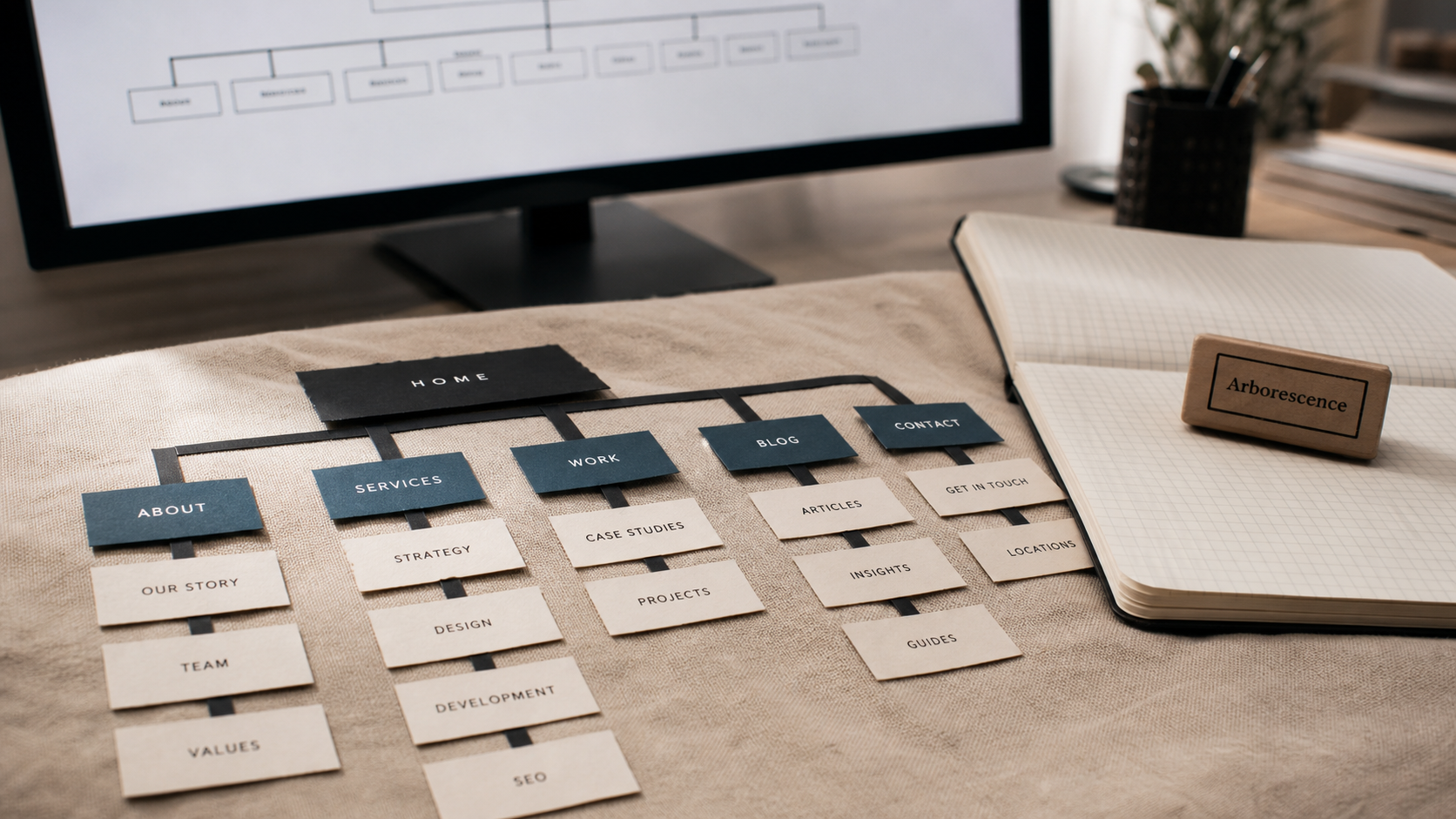 Arborescence seo sur table : maquette SEO et plan de site