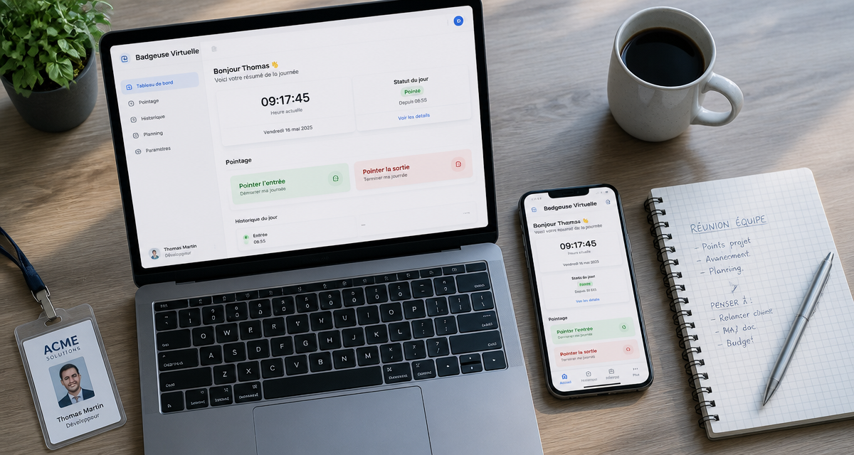Interface badgeuse virtuelle sur ordinateur et smartphone