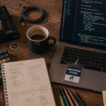 Bureau de développeurs python avec ordinateur et code