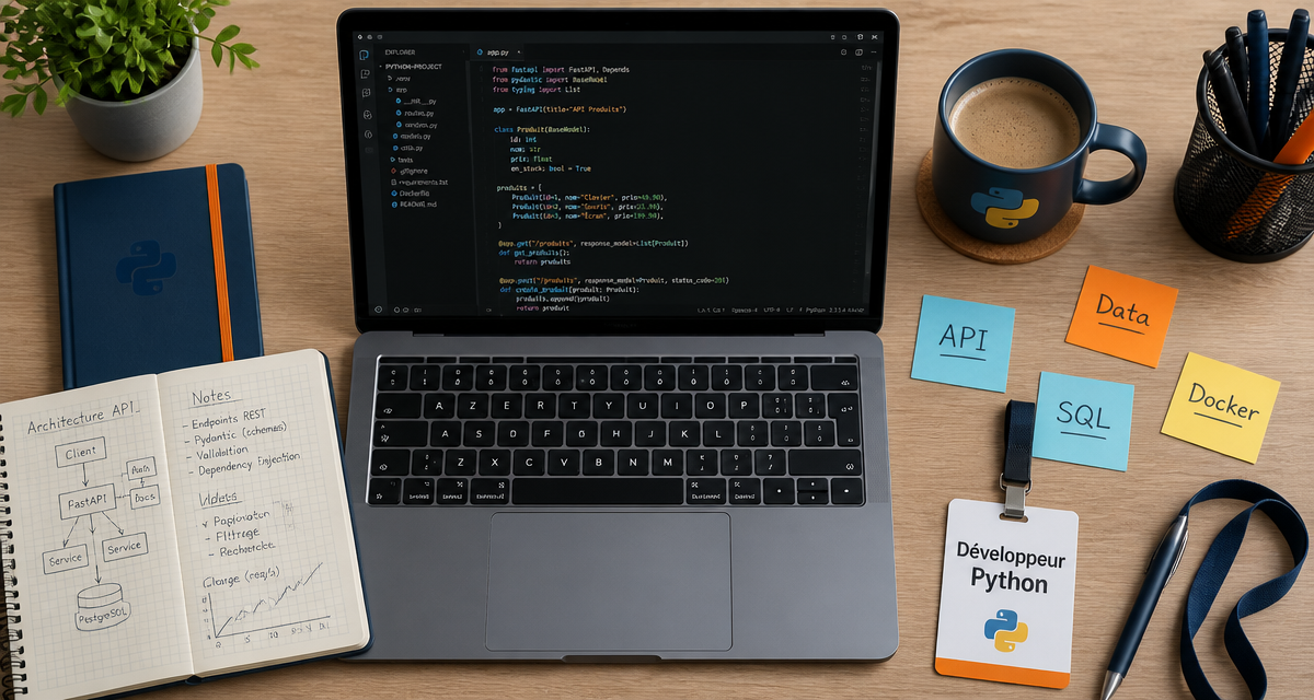 Bureau de développeurs Python avec ordinateur et outils