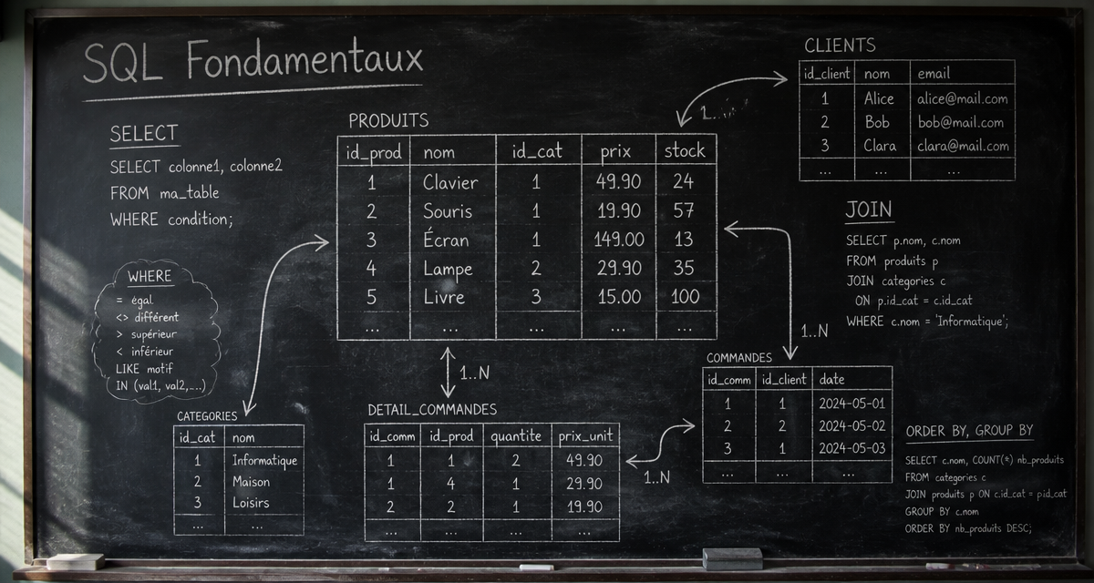 Cours sur le SQL, schéma tableau relationnel à la craie