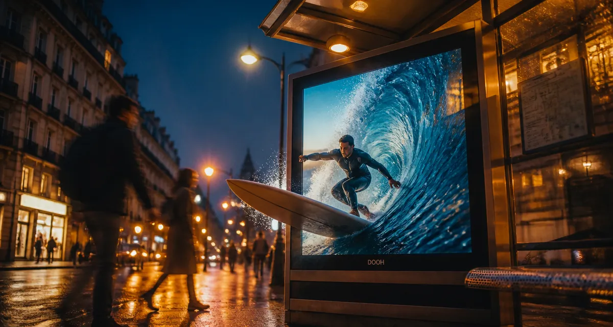 DOOH : écran LED grand format en affichage urbain en soirée