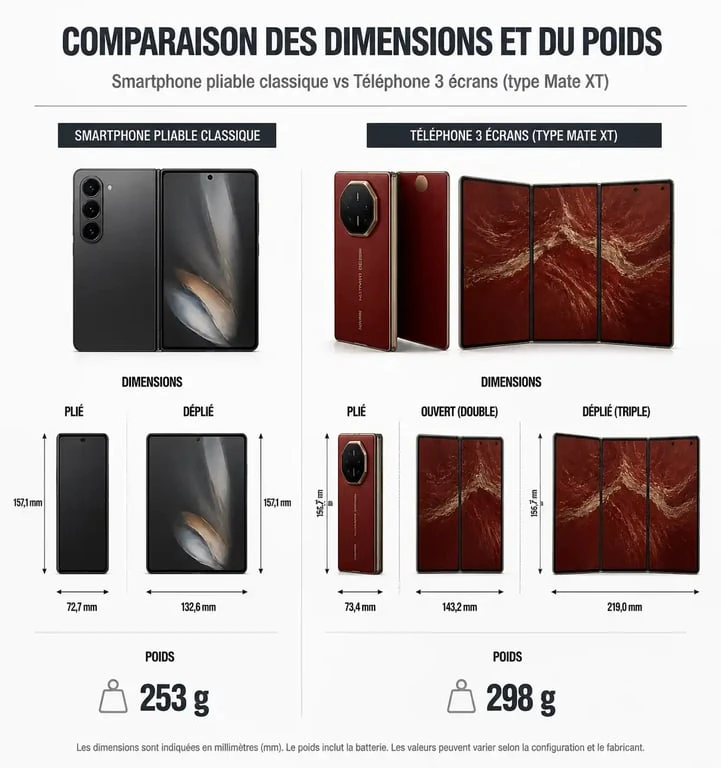 Comparatif technique des dimensions et poids entre un smartphone pliable classique et un téléphone 3 écrans