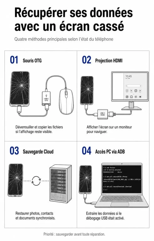 Infographie des méthodes pour récupérer des données sur un téléphone avec écran cassé