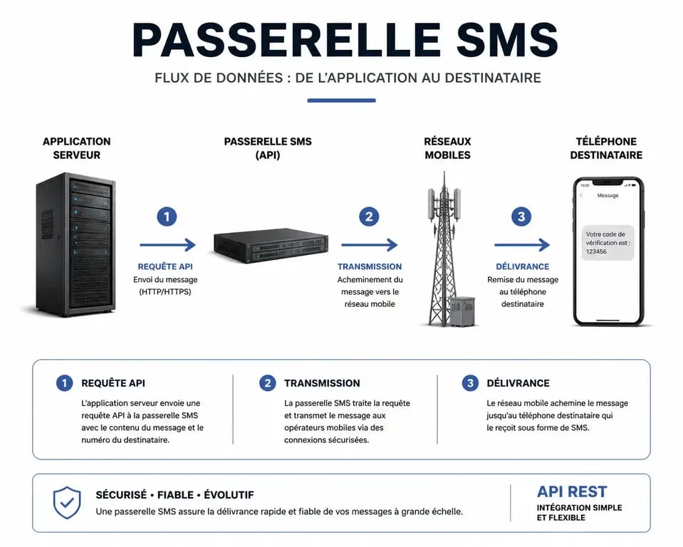 Schéma de fonctionnement d'une SMS gateway pour l'envoi de messages automatisés