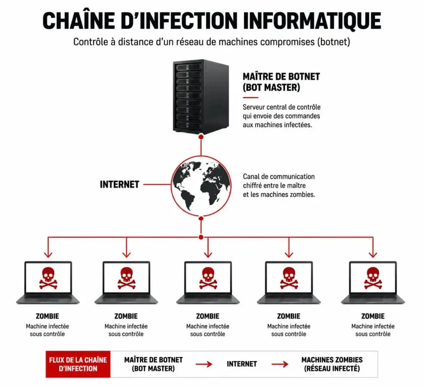 Schéma explicatif du fonctionnement d'un réseau de PC zombies (botnet) et de la chaîne d'infection informatique