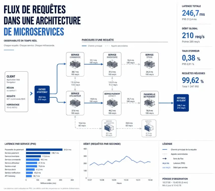 Schéma de visualisation de données illustrant la supervision applicative et les métriques de performance