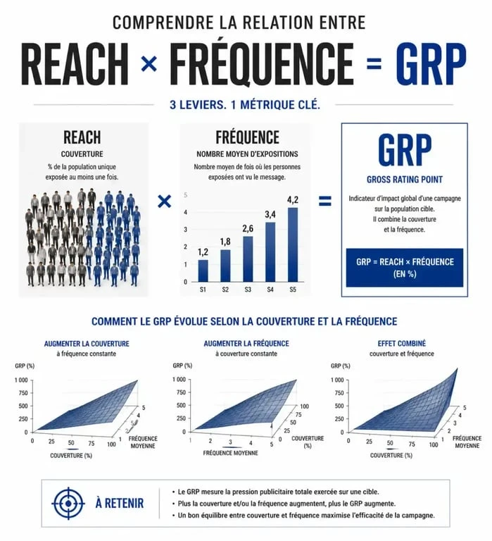 Schéma explicatif du calcul du Gross Rating Point (GRP) combinant couverture et répétition