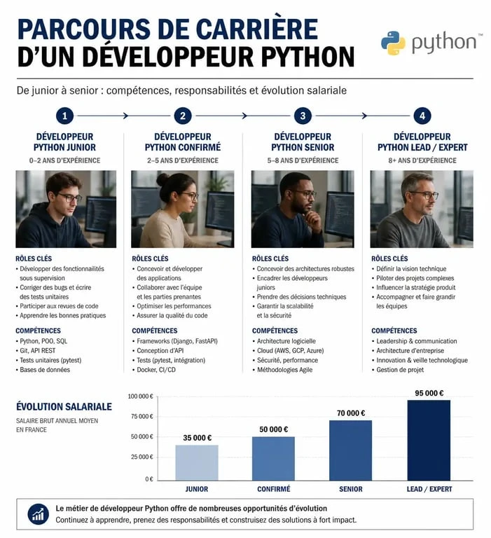 Infographie sur l'évolution de carrière et les salaires des développeurs Python