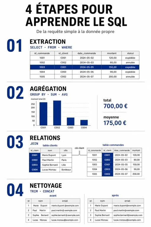 Infographie des étapes pour apprendre le SQL : de l'extraction de données à la maîtrise des jointures et fonctions de nettoyage.