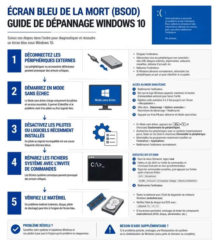 Infographie des étapes de dépannage pour l'erreur votre ordinateur a rencontré un problème et doit redémarrer windows 10