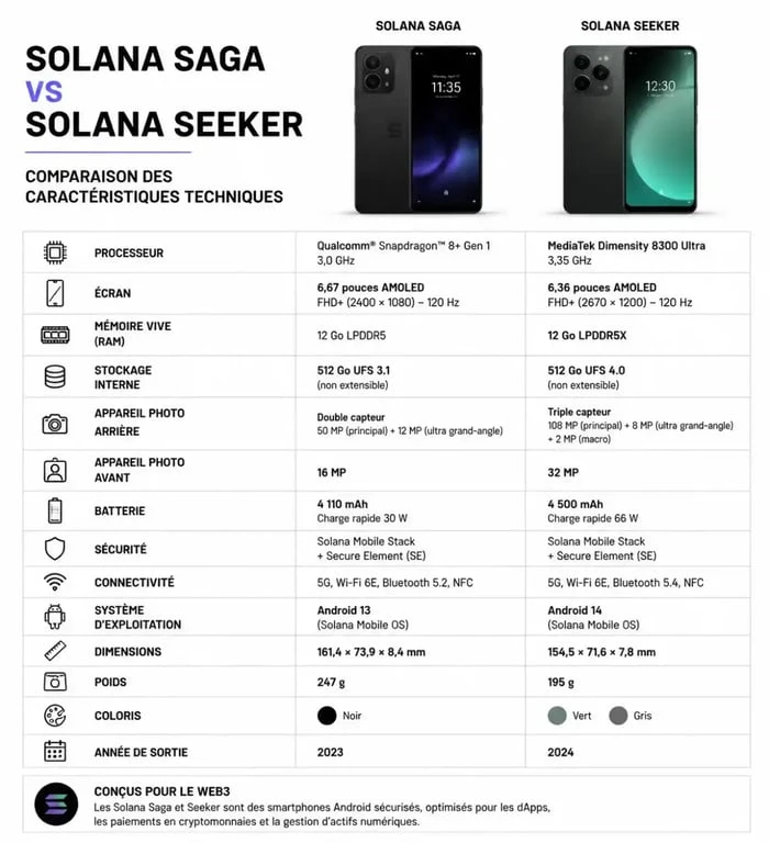 Comparatif technique des téléphones Solana Saga et Solana Seeker pour le Web3