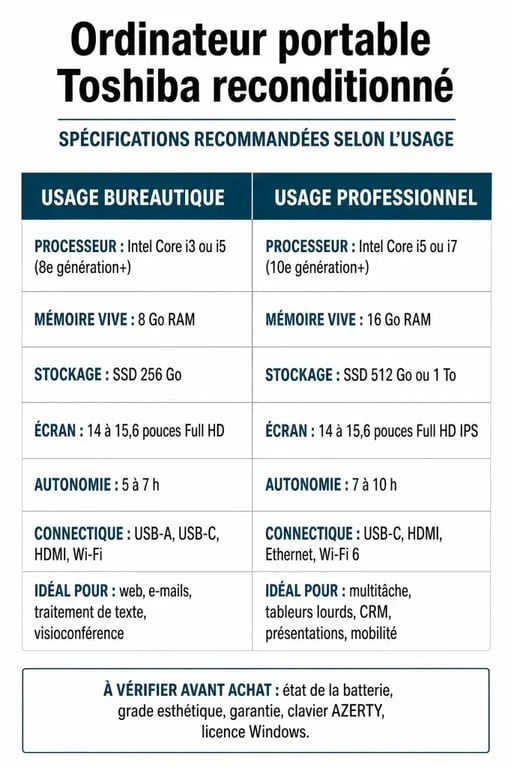 Tableau comparatif des spécifications techniques pour l'achat d'un ordinateur portable Toshiba reconditionné