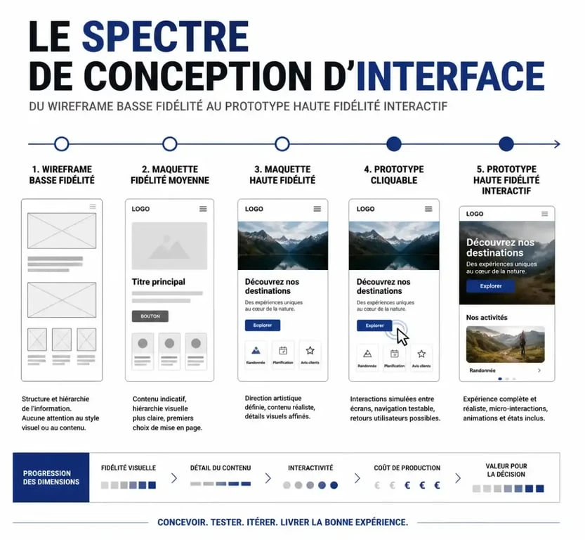 Infographie sur les étapes de conception d'interface et le choix d'un outil de maquettage