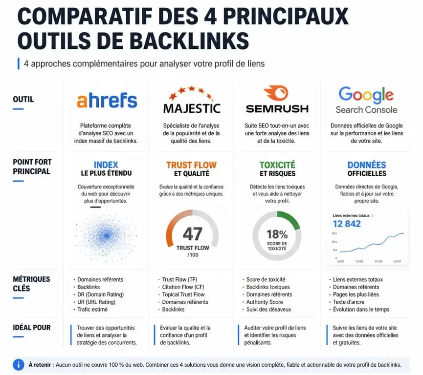 Comparatif des meilleurs outils de backlinks pour le SEO : Ahrefs, Majestic, Semrush et Google Search Console
