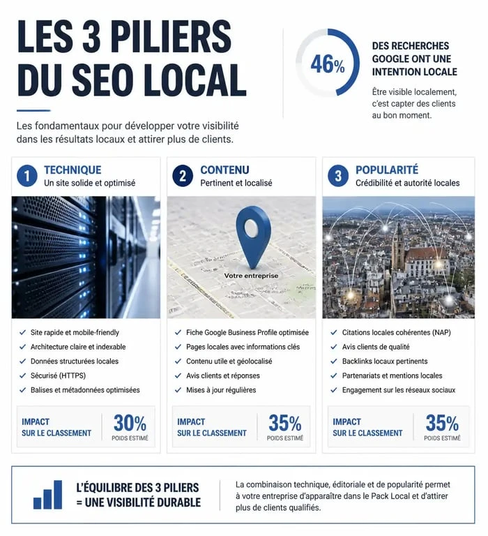 Infographie des trois piliers du SEO pour un consultant SEO La Rochelle