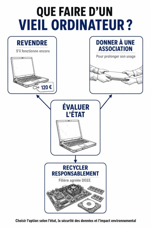 Infographie montrant les options pour un vieil ordinateur : revente, don ou recyclage