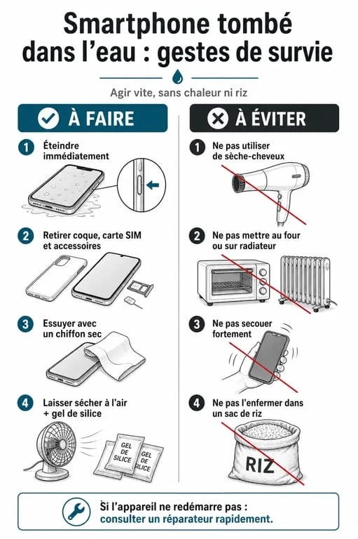 Infographie des gestes de survie pour un téléphone tombé dans l'eau : ce qu'il faut faire et éviter