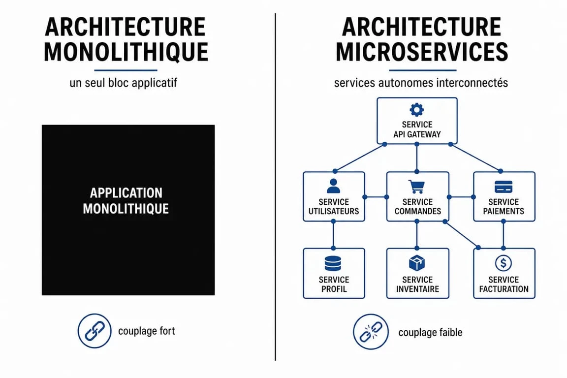 Schéma comparatif entre une application monolithique et une architecture microservices