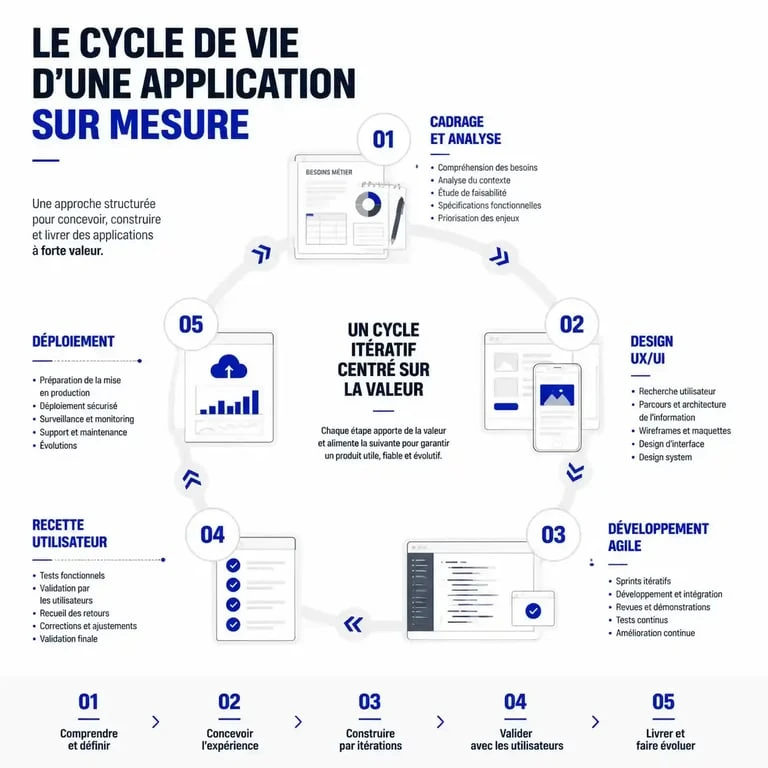Schéma du processus de développement d'applications sur mesure : du cadrage au déploiement.