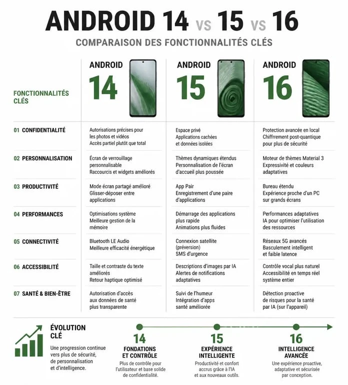 Comparatif visuel des fonctionnalités entre Android 14, 15 et 16 pour comprendre l'évolution de la dernière version d'Android